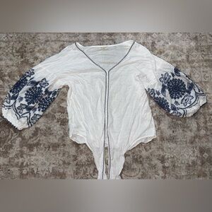 Max Studio White Top with Blue Floral Design